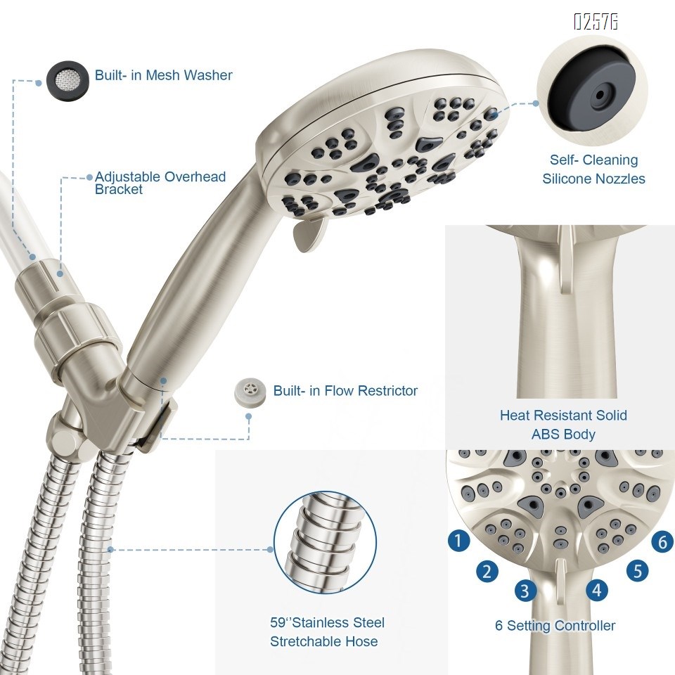 High Pressure Hand hled Shower Head Set 6 Spray Mode with Hose and Bracket Anti-Clog Nozzles for Bathroom