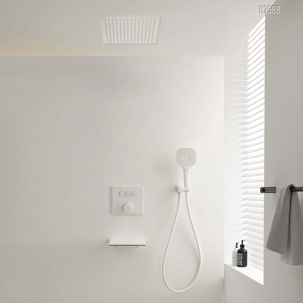 Wall-mounted hidden shower head temperature control shower set white ceiling embedded top spray waterfall faucet hot melt pre-embedded