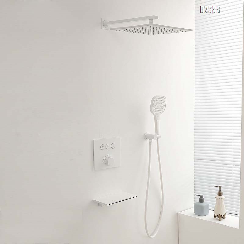 Wall-mounted hidden shower head temperature control shower set white ceiling embedded top spray waterfall faucet hot melt pre-embedded