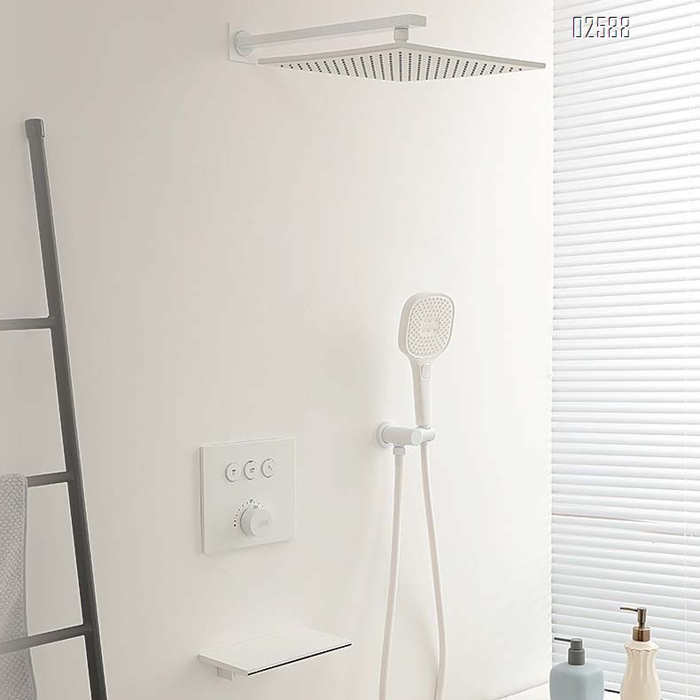Wall-mounted hidden shower head temperature control shower set white ceiling embedded top spray waterfall faucet hot melt pre-embedded
