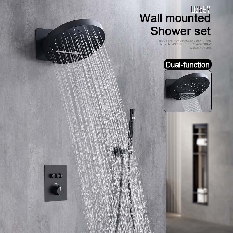 Wall-mounted intelligent temperature control hidden shower set all Brass  black cold and hot rain shower waterfall hidden faucet