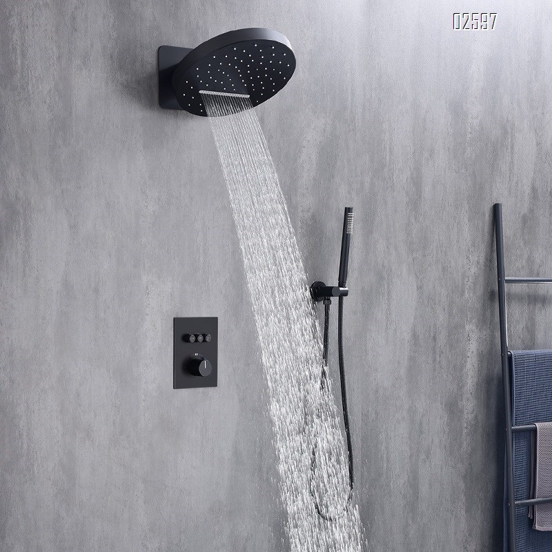 Wall-mounted intelligent temperature control hidden shower set all Brass  black cold and hot rain shower waterfall hidden faucet