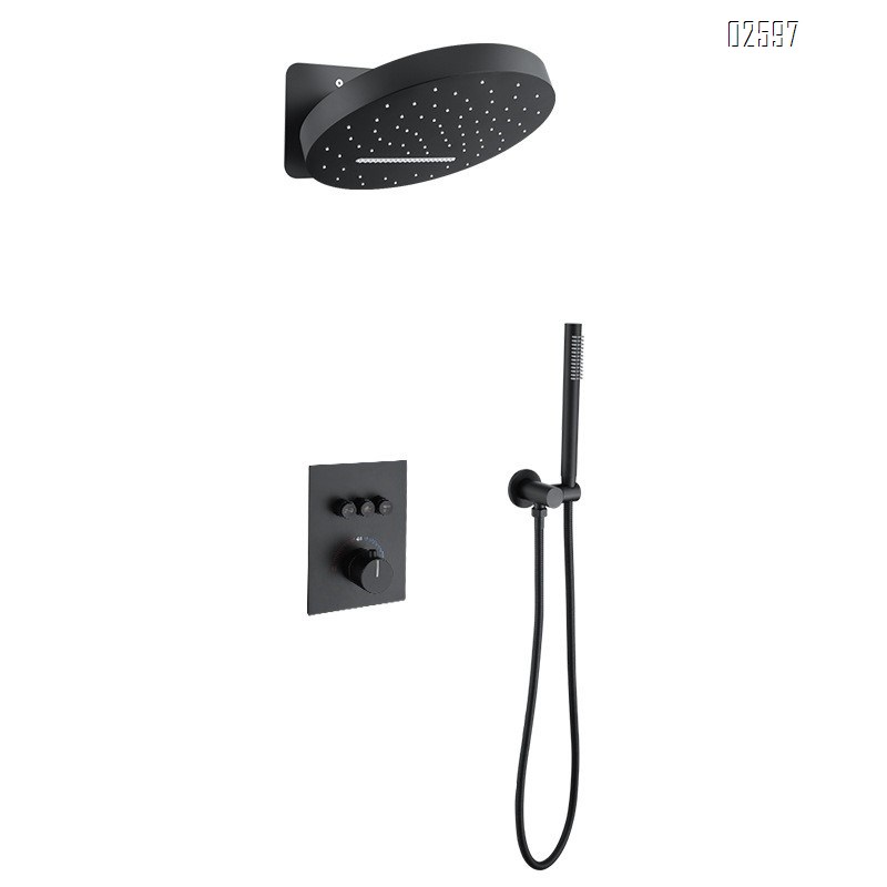 Wall-mounted intelligent temperature control hidden shower set all Brass  black cold and hot rain shower waterfall hidden faucet