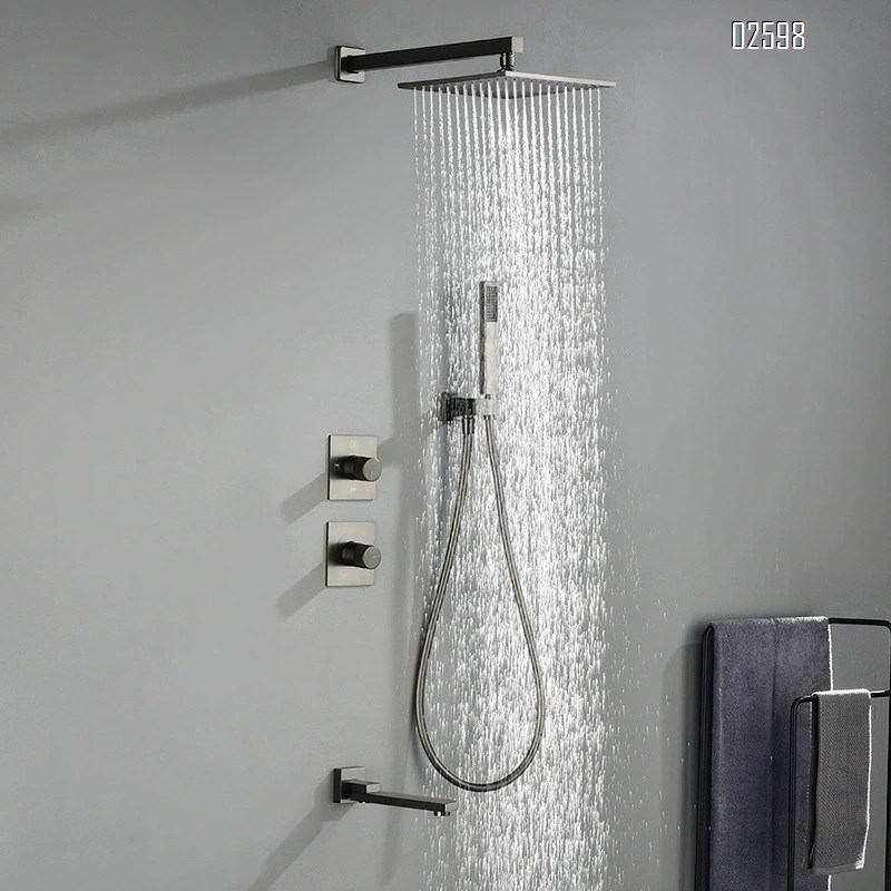 European style concealed full Brass gun gray hotel home wall-mounted cold and hot water embedded shower head set
