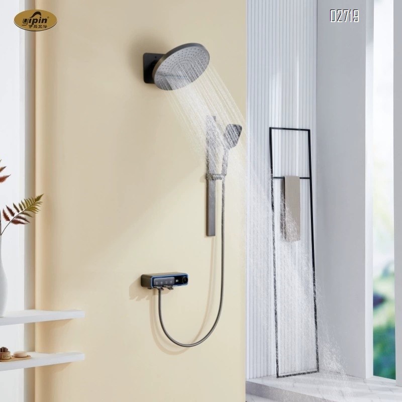 New home gun gray Brushed dark hidden shower set waterfall digital display embedded Wall-mounted shower head