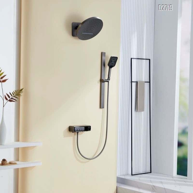 New home gun gray Brushed dark hidden shower set waterfall digital display embedded Wall-mounted shower head