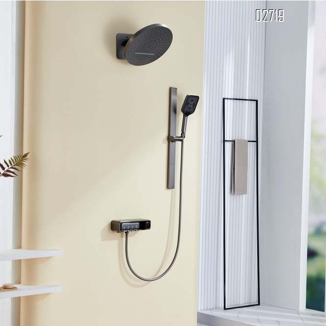 New home gun gray Brushed dark hidden shower set waterfall digital display embedded Wall-mounted shower head