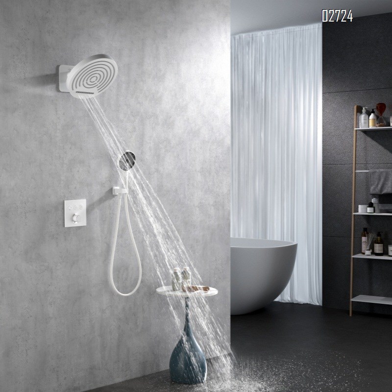 White concealed smart thermostatic shower set with built-in waterfall wall-mounted hot-melt shower head and shower device