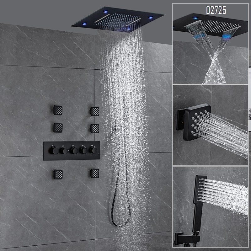 Smart temperature-controlled fully-Brass concealed wall-mounted rain shower with LED light rain shower head