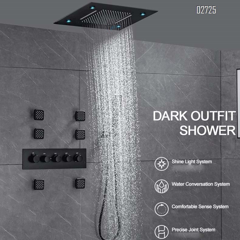 Smart temperature-controlled fully-Brass concealed wall-mounted rain shower with LED light rain shower head