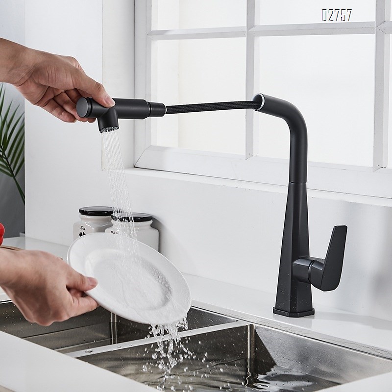 Brass black pull-out kitchen faucet with Single Hole and handle cold hot mixed tap for washing dishes Deck mounted kitchen faucet