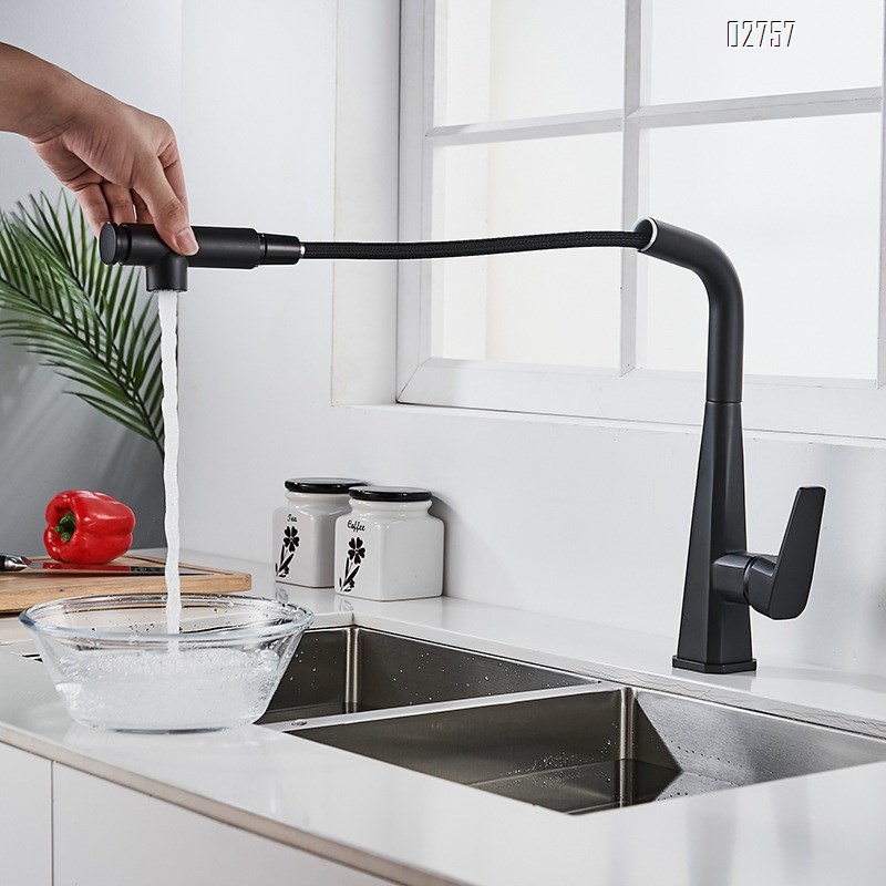 Brass black pull-out kitchen faucet with Single Hole and handle cold hot mixed tap for washing dishes Deck mounted kitchen faucet