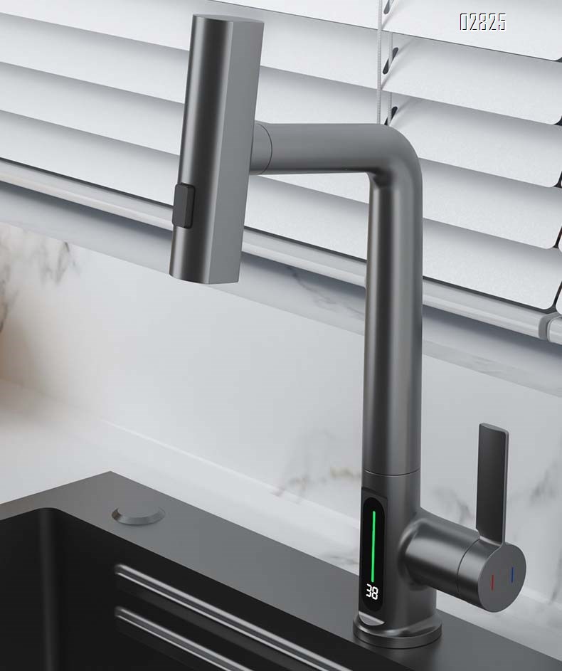 all brass Pull-down Kitchen Faucet Three-outlet intelligent water-saving faucet with digital display for kitchen sink and wash basin faucet