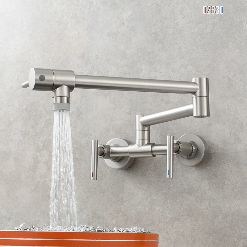 Brass folding kitchen faucet built-in three-handle switch balcony cold and hot water faucet Brushed Finished