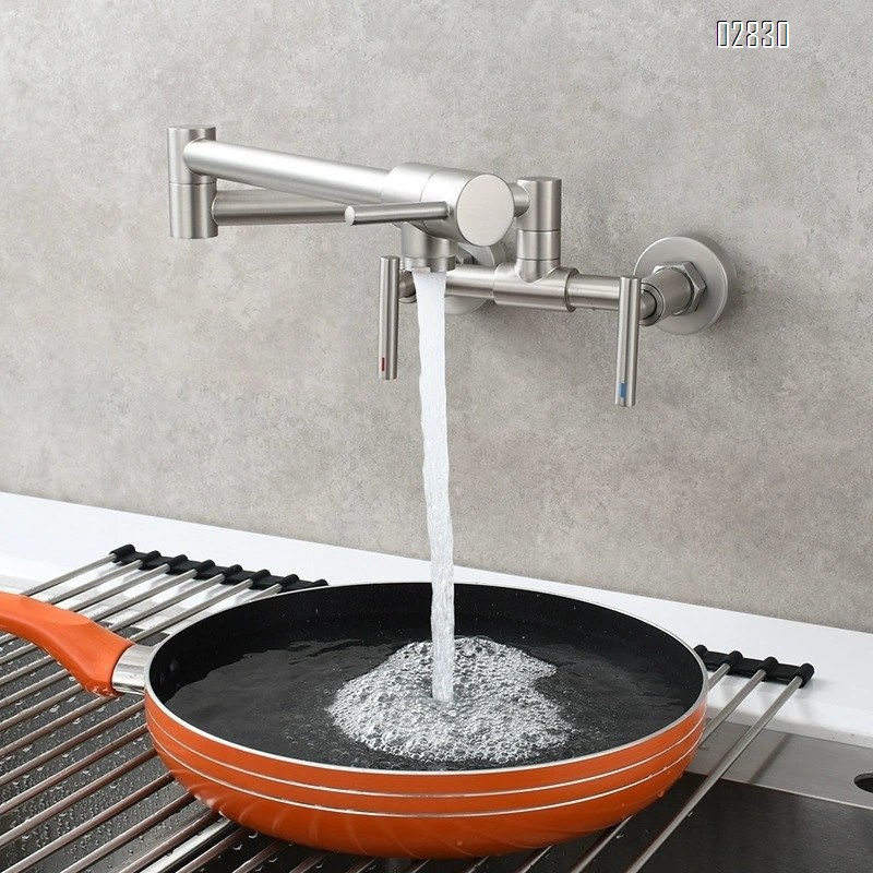 Brass folding kitchen faucet built-in three-handle switch balcony cold and hot water faucet Brushed Finished