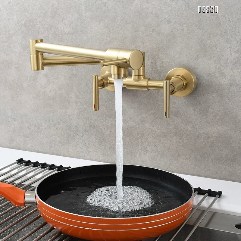 Brass folding kitchen faucet built-in three-handle switch balcony cold and hot water faucet Brushed Finished