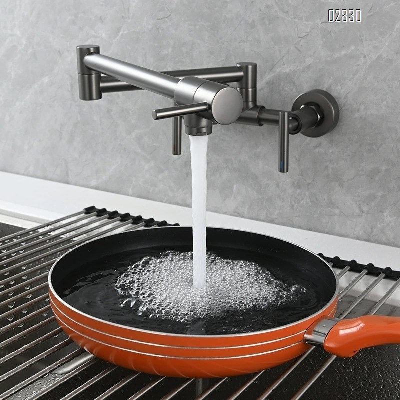 Brass folding kitchen faucet built-in three-handle switch balcony cold and hot water faucet Brushed Finished