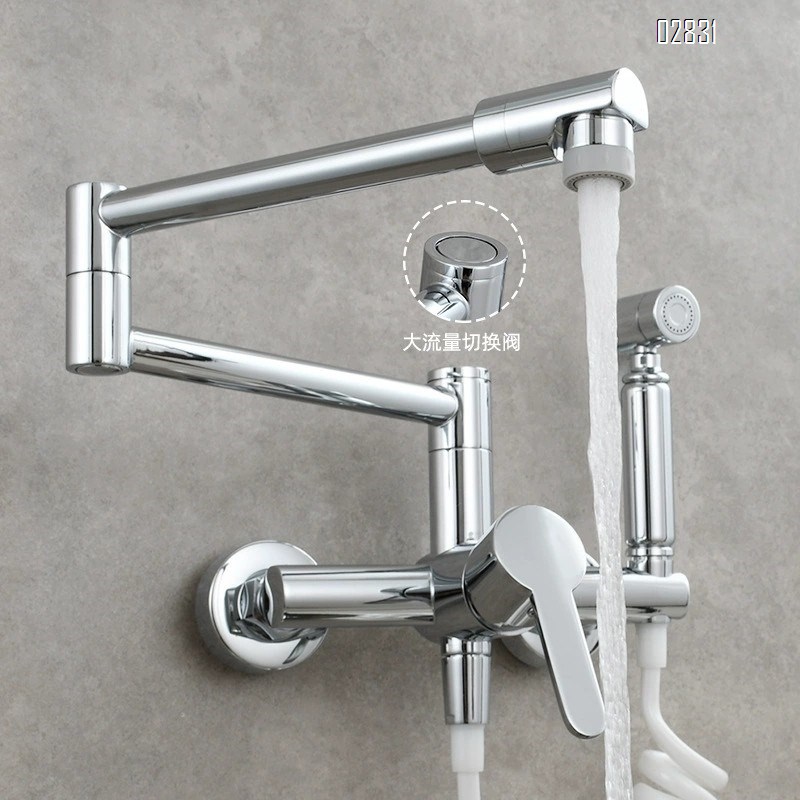 Wall-mounted kitchen faucet with hot and cold water foldable and extendable with a spray head for washing dishes and stove top set