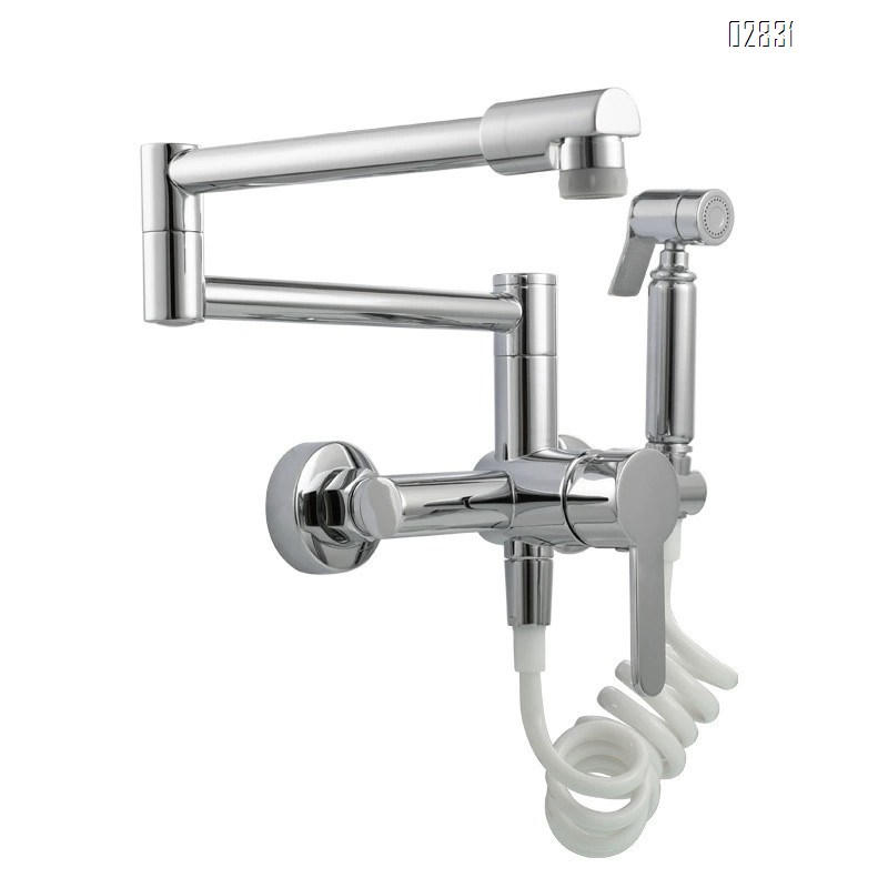 Wall-mounted kitchen faucet with hot and cold water foldable and extendable with a spray head for washing dishes and stove top set