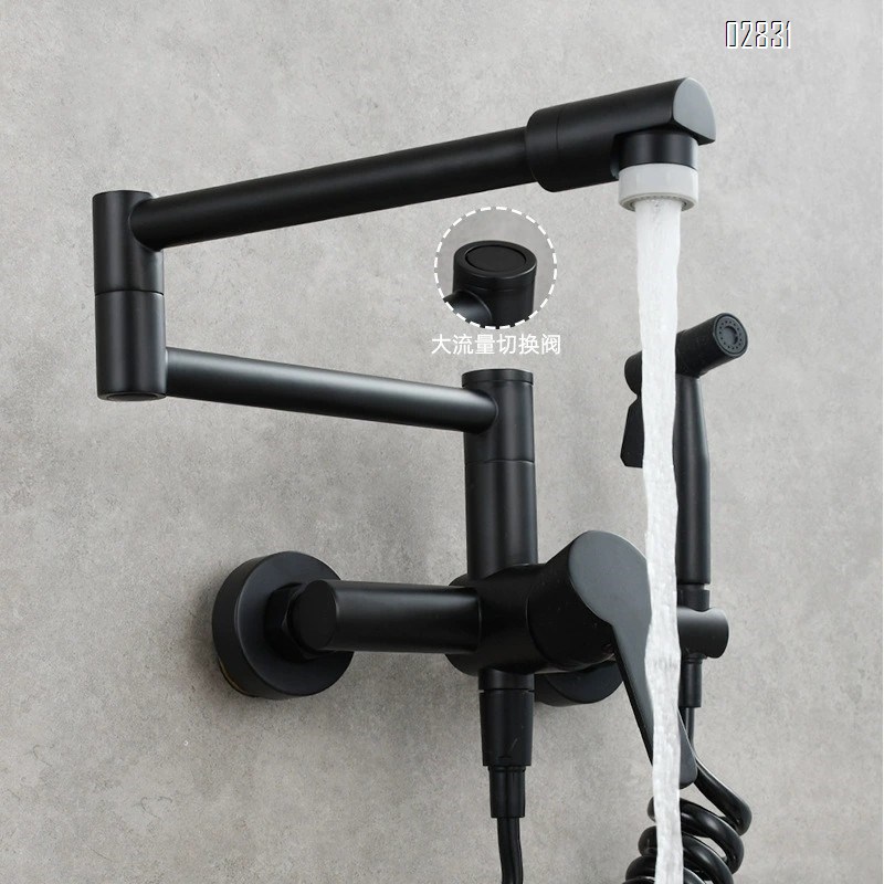 Wall-mounted kitchen faucet with hot and cold water foldable and extendable with a spray head for washing dishes and stove top set