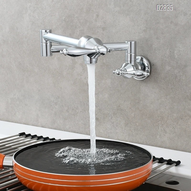 Brass European style kitchen foldable faucet with double switch built-in wall faucet for balcony wash basin tap