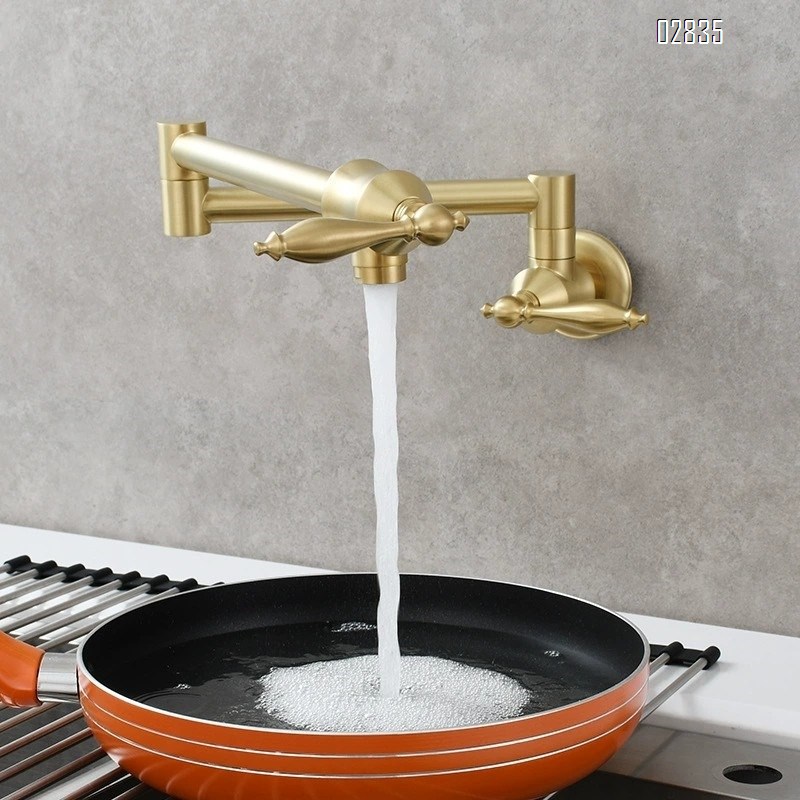 Brass European style kitchen foldable faucet with double switch built-in wall faucet for balcony wash basin tap