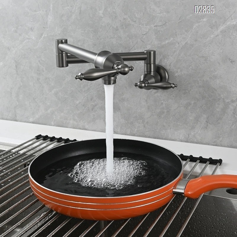 Brass European style kitchen foldable faucet with double switch built-in wall faucet for balcony wash basin tap