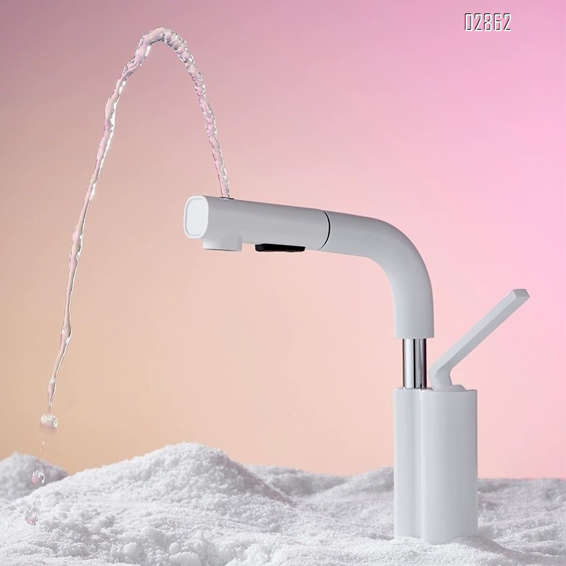 White swivel basin pull-out faucet all Brass cold and hot water rotating bathroom wash basin under-mount sink with adjustableTap