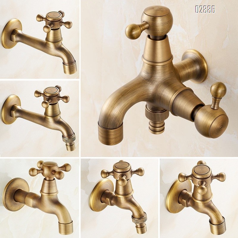 All-brass antique washing machine faucet vintage brass quick-open single cold mop pool faucet with one inlet and two outlets dual- spigot faucet