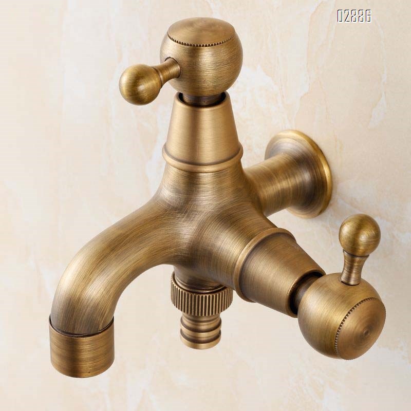 All-brass antique washing machine faucet vintage brass quick-open single cold mop pool faucet with one inlet and two outlets dual- spigot faucet