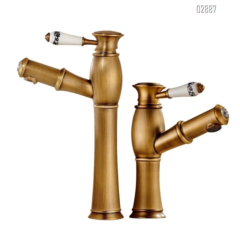 European style antique brass pull-out countertop basin wash basin cold and hot water faucet with ceramic handle vintage faucet