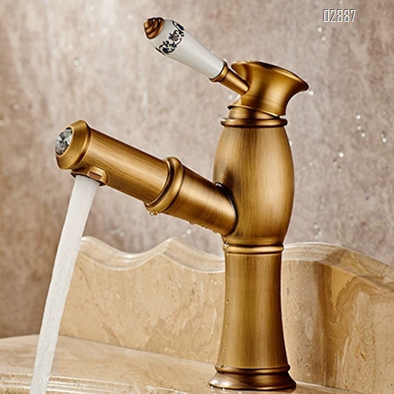 European style antique brass pull-out countertop basin wash basin cold and hot water faucet with ceramic handle vintage faucet