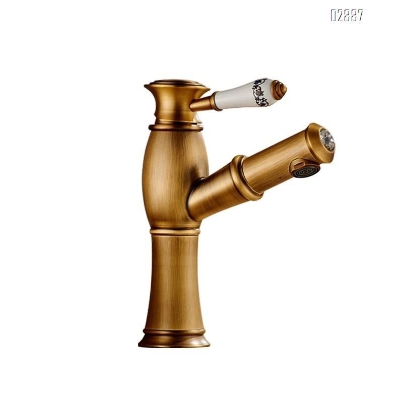 European style antique brass pull-out countertop basin wash basin cold and hot water faucet with ceramic handle vintage faucet