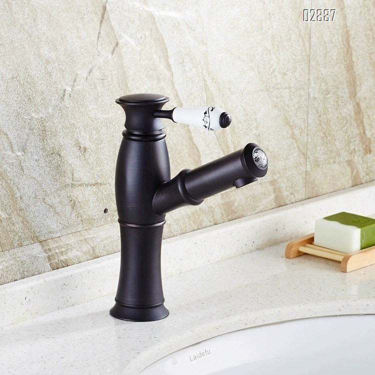 European style antique brass pull-out countertop basin wash basin cold and hot water faucet with ceramic handle vintage faucet