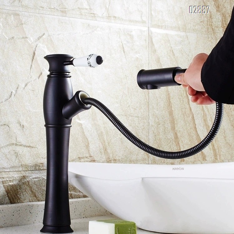 European style antique brass pull-out countertop basin wash basin cold and hot water faucet with ceramic handle vintage faucet