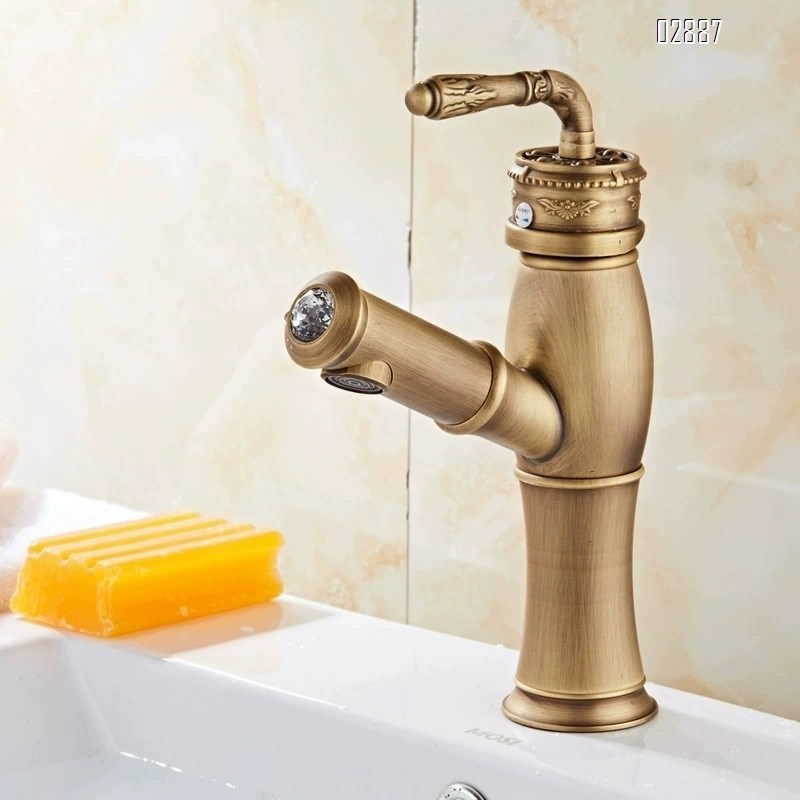 European style antique brass pull-out countertop basin wash basin cold and hot water faucet with ceramic handle vintage faucet