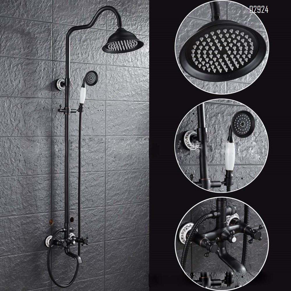 Brass Blue and white porcelain black bronze shower set European retro double handle shower faucet with lift rod