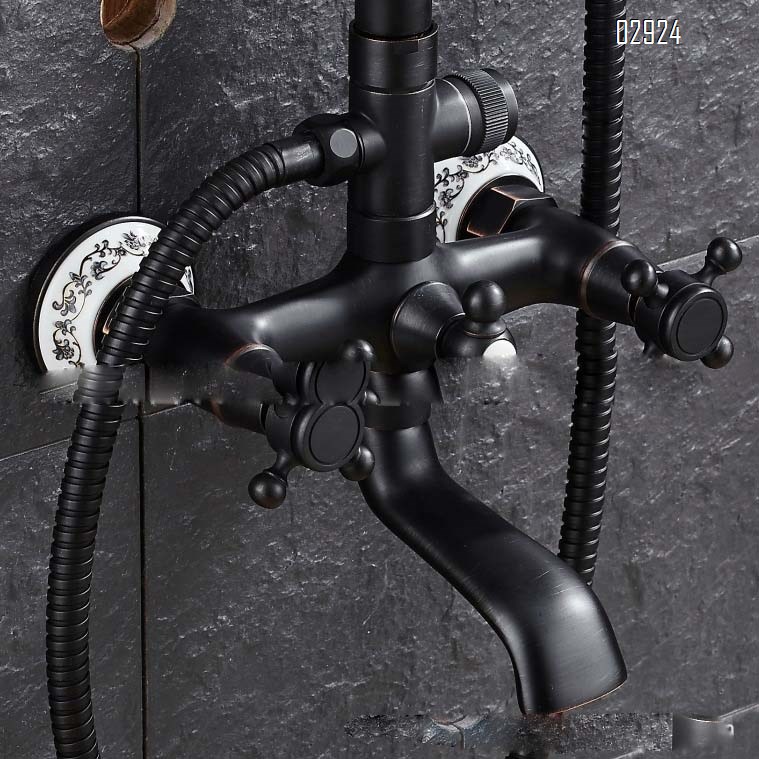 Brass Blue and white porcelain black bronze shower set European retro double handle shower faucet with lift rod