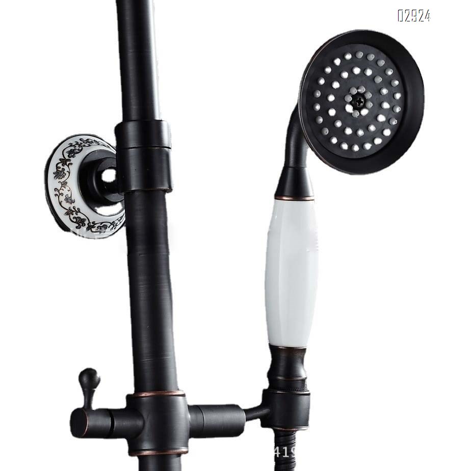 Brass Blue and white porcelain black bronze shower set European retro double handle shower faucet with lift rod