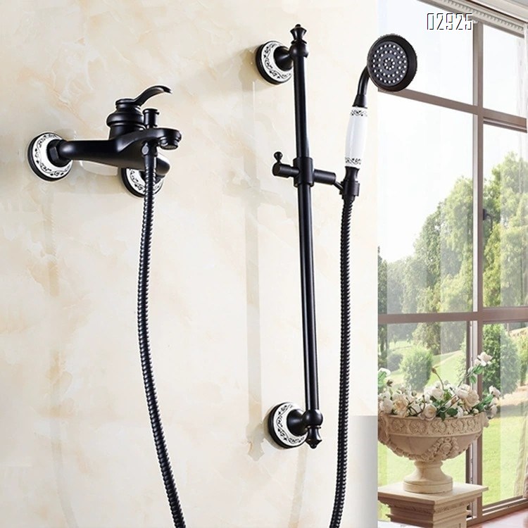 European style black antique Brass shower faucet set with adjustable blue and white porcelain hand spray bath tub faucet