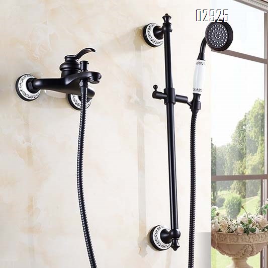 European style black antique Brass shower faucet set with adjustable blue and white porcelain hand spray bath tub faucet