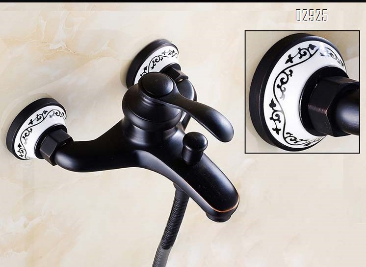 European style black antique Brass shower faucet set with adjustable blue and white porcelain hand spray bath tub faucet