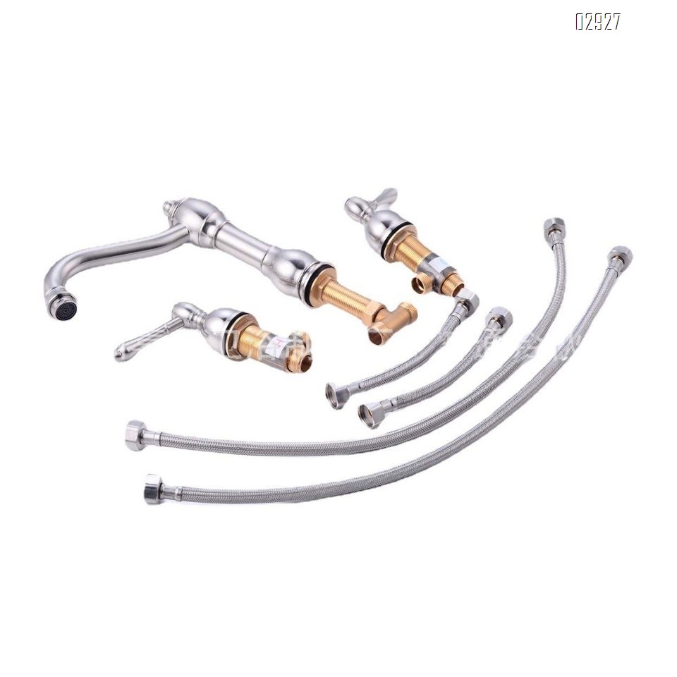 Black Drawn Wire Three-hole Sink Cold and Hot Water Tap Bathroom Cabinet Bathtub Brass Tap Three-piece Set Dual-handle