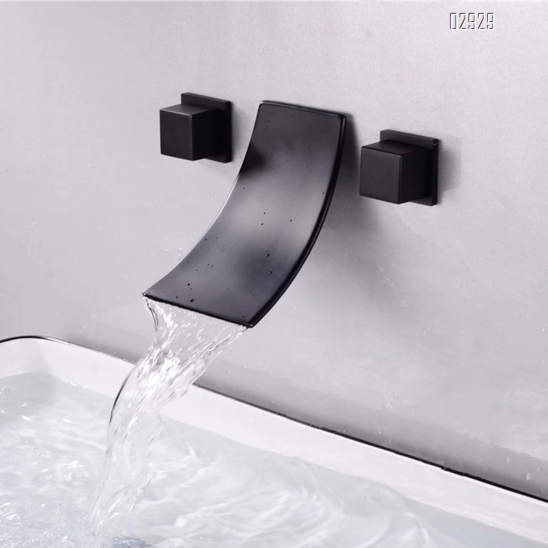 Brass wall-mounted enamel black waterfall sink cold and hot water faucet three-hole basin bathtub faucet Baked Finished