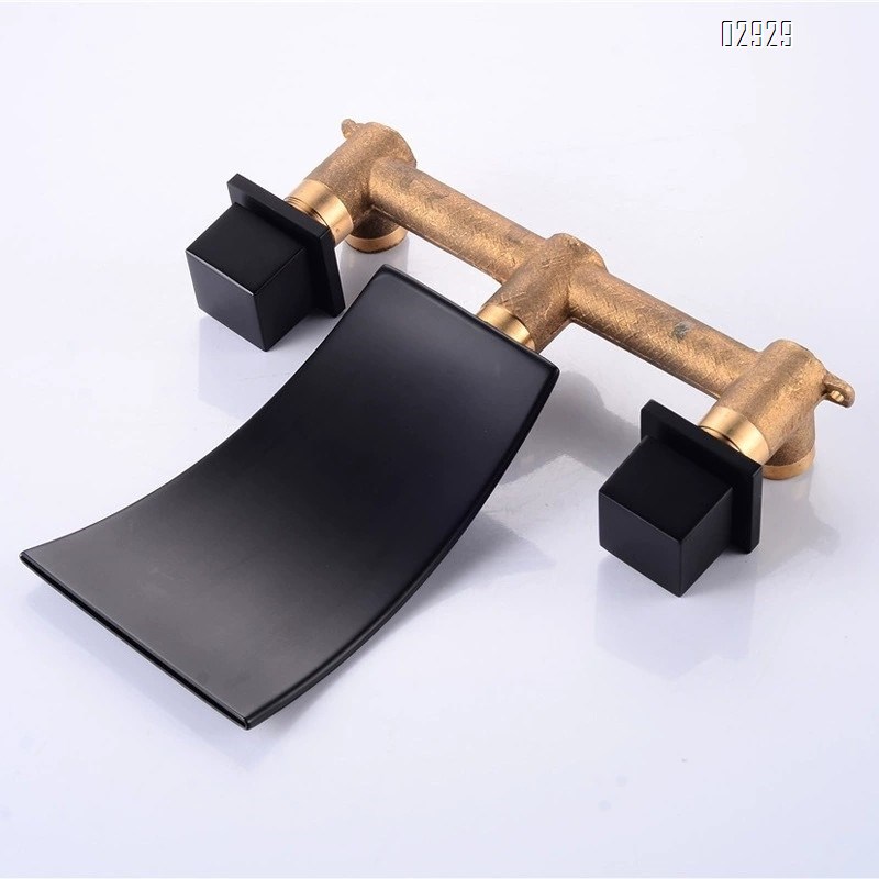 Brass wall-mounted enamel black waterfall sink cold and hot water faucet three-hole basin bathtub faucet Baked Finished