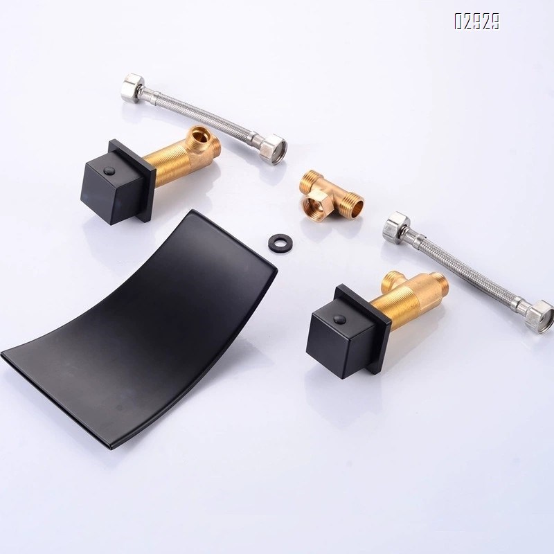 Brass wall-mounted enamel black waterfall sink cold and hot water faucet three-hole basin bathtub faucet Baked Finished