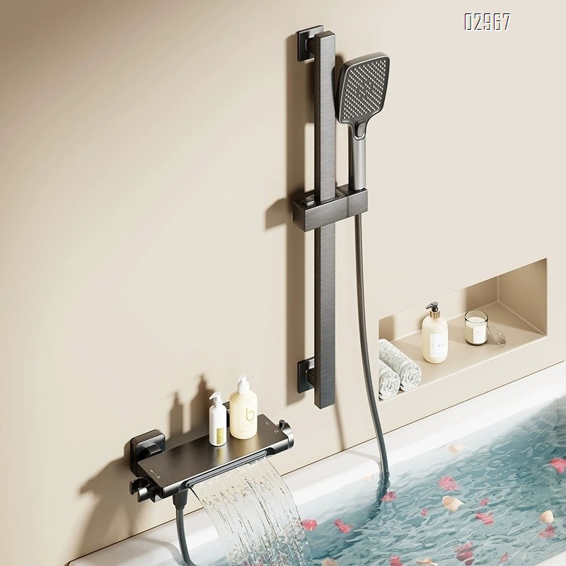 Bathroom full Brass gun grey bathtub waterfall faucet cold and hot shower set built-in wall-mounted