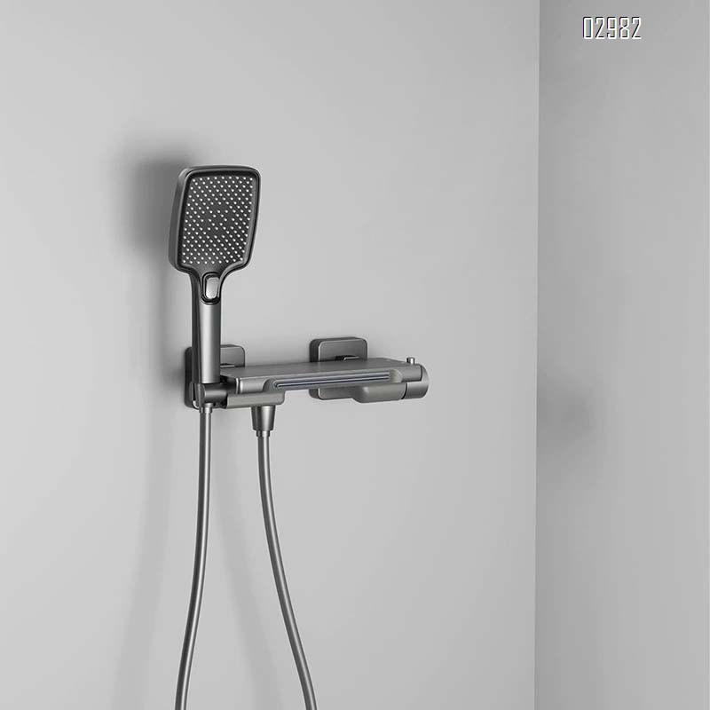 Full Brass gunmetal grey bath tub waterfall faucet cold and hot shower bathroom wall-mounted bath side shower head set