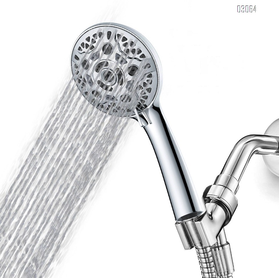 High Pressure 6 Setting Shower Head Hand-Held with ON/OFF Switch Water Saving Shower Head with Holder and Stainless Hose