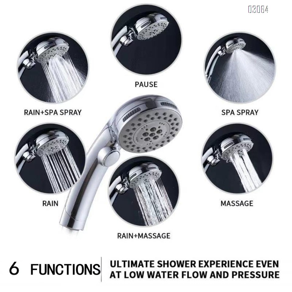 High Pressure 6 Setting Shower Head Hand-Held with ON/OFF Switch Water Saving Shower Head with Holder and Stainless Hose
